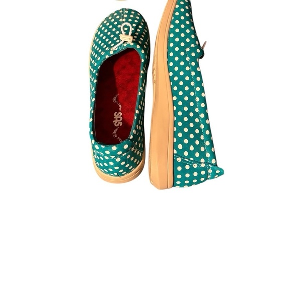 SAS Funk Tech Leather Slip On Tri Pad Comfort Shoe Sz 9M Aqua White Polka Dot - Picture 2 of 7